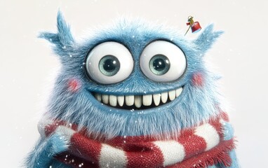 Obraz premium Happy Holiday Monster with Big Eyes: A joyful, chubby monster character with soft blue fur, expressive large eyes, and a wide grin, adorned with a red and white scarf and tiny bells on its tiny ears. 