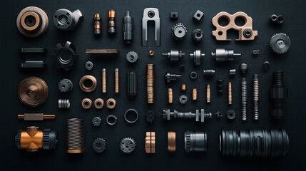 Assorted mechanical parts in copper and black colors arranged neatly on a dark surface, featuring gears, springs, and various metal components in a grid pattern.