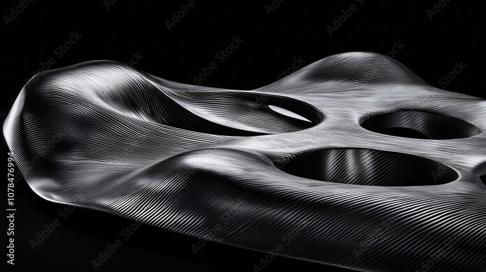 Poster Abstract metallic sculpture with smooth curves and circular cutouts on dark background