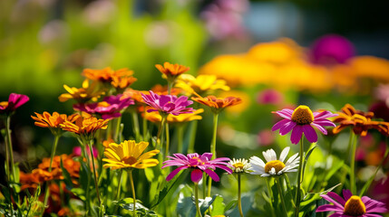 Fototapeta premium Garden landscaping. Wild daisies and cosmos blossoms. Wallpaper.