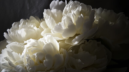 White peonies on a gray background illuminated by backlighting.
