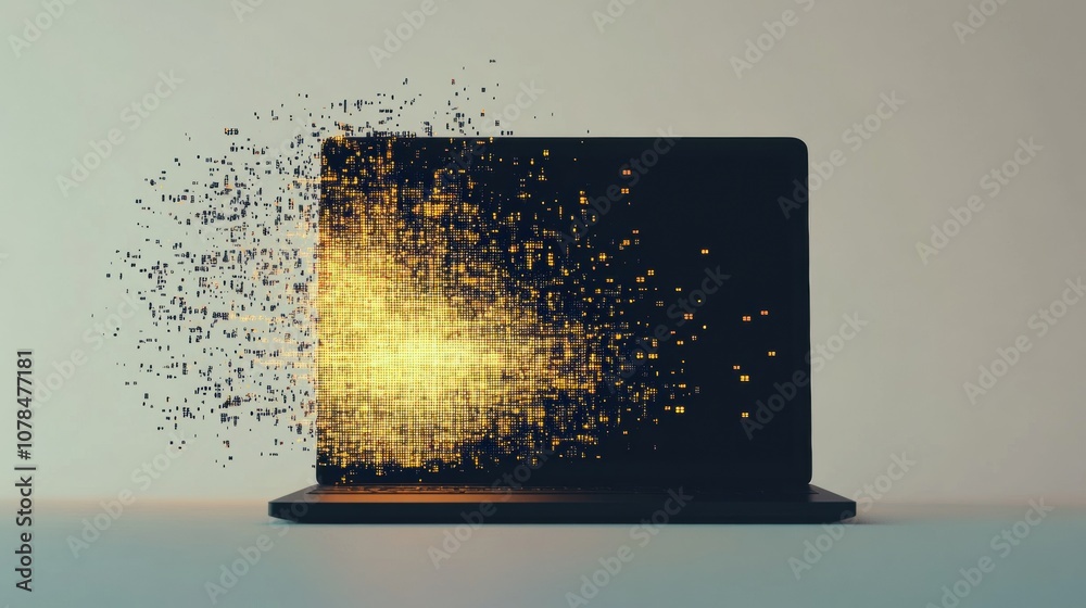 Poster A laptop emits a burst of pixel elements that break apart into particles, showcasing a blend of technology and creativity in a serene environment. Generative AI