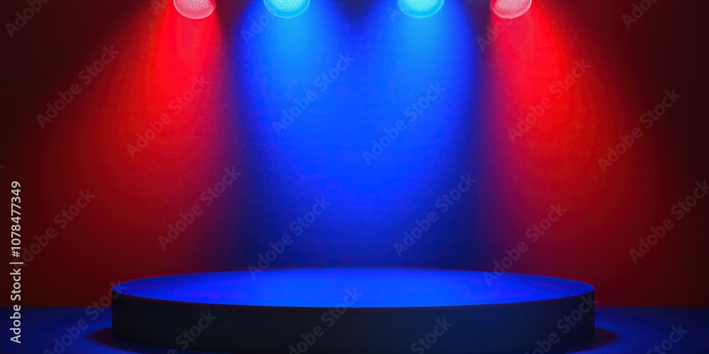 Poster vibrant empty stage podium illuminated with red and blue lights for performances