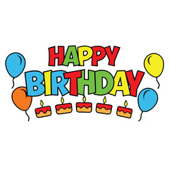 Fototapeta premium A birthday sign with a cake, candles, and balloons. The sign says Happy Birthday. The cake is on the left side of the sign, and the candles are on the right side