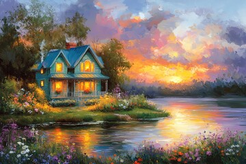 Fototapeta premium Oil painting,a beautifull cottage by a creek with wild colorful wild flowers and a stone bridge. 