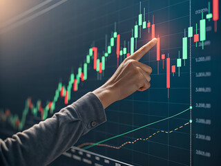 Hand pointing at stock market chart analysis.