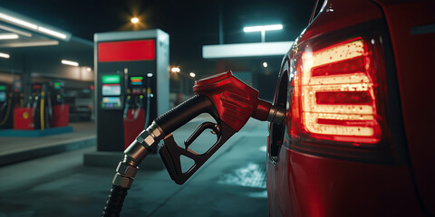 Close-up of fuel nozzle inserted into red car at gas station at night