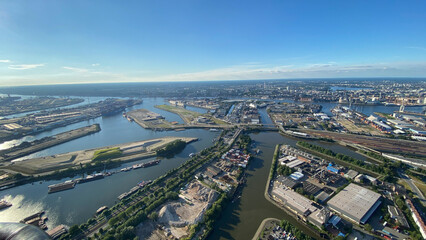 Aerial View of Expansive Modern Port with Cityscape in Background