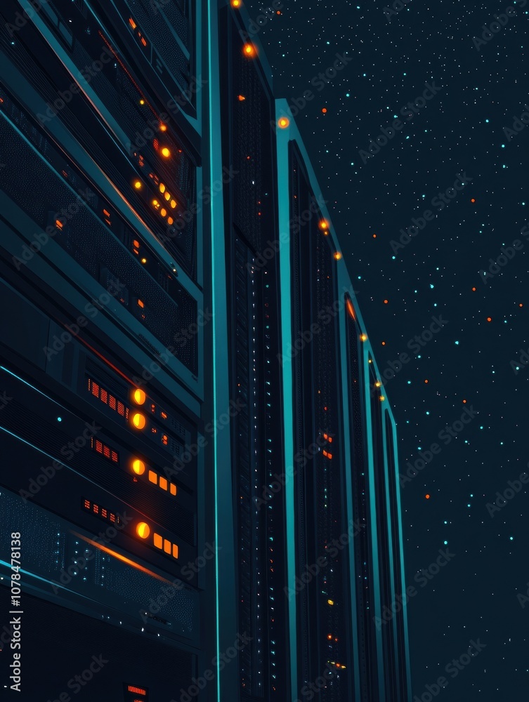 Fototapete a series of servers feature blinking indicators, creating a dynamic atmosphere in a dark data center