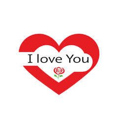 A red heart with the words I love you written inside. The heart is surrounded by a green leaf