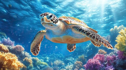 Fototapeta premium turtle swimming in the ocean vector with copy space world turtle day