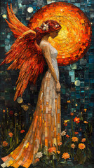 An angel in the night sky in a brightly colored mosaic