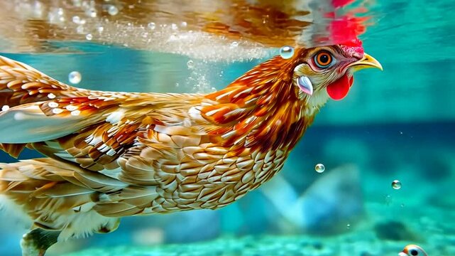 A chicken submerges itself in crystal-clear water, paddling with its feet while bubbles surround it. This unusual sight highlights the animal's surprising adaptability