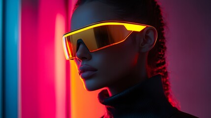 Stylish woman in sunglasses with vibrant lighting