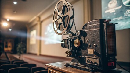 Naklejka premium Close-Up View of a Vintage Film Projector with Copy Space for Text, Perfect for Film Enthusiasts and Cinematic Themes, Highlighting the Intricate Mechanics and Design