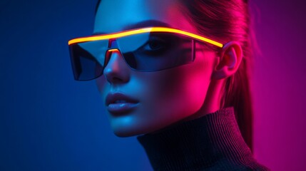 Fashionable woman in vibrant lighting with sunglasses