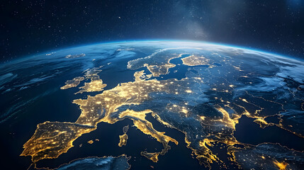 Fototapeta premium Satellite view of Earth globe from space, lights by night, Western Europe abstract digital map