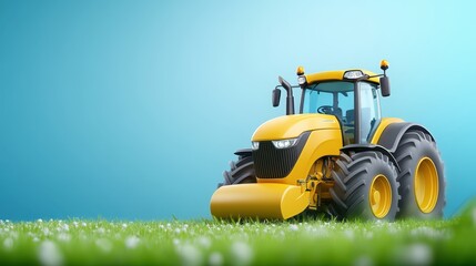 Bright yellow tractor cultivating green field on sunny day in the countryside