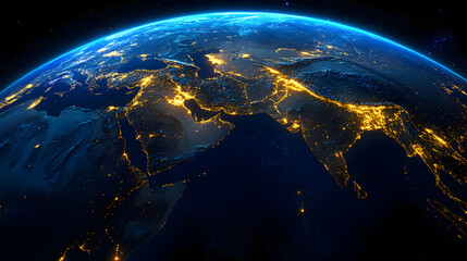 Obraz premium Satellite view of Earth globe from space, lights by night, Middle East abstract digital map