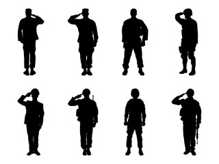 Set of Military Man Salute Silhouette in various poses isolated on white background