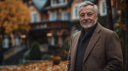 Fototapeta premium Close-up of a middle-aged gentleman wearing a winter coat and standing in front of a large house. 