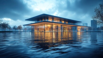 water surface with building at night 3d rendering