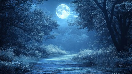 Naklejka premium A moonlit path winding through a mysterious forest, illuminated by the bright glow of the full moon.