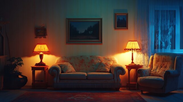 The interior of a cozy living room featuring a sofa, armchair, and a coffee table. Glowing lamps provide soft lighting, creating a warm and inviting atmosphere in the evening.