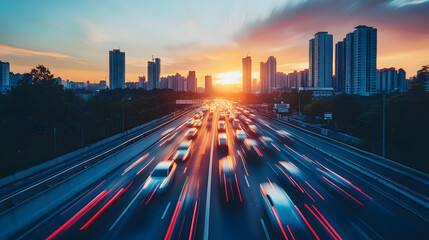 Speed road urban traffic, skyscrapers rush hour sunset, city skyline, cars motion long exposure blur
