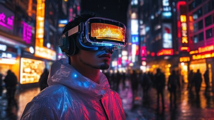 Obraz premium Man in VR Headset Walking in Neon City