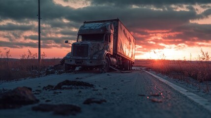 An abandoned, weathered truck sits on a desolate road at sunset, surrounded by dry grass under a dramatic sky, evoking a sense of solitude and decay