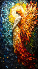 An angel in the night sky in a brightly colored mosaic