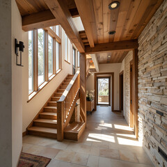 Wooden staircase and stone cladding wall in rustic hallway. Cozy home interior design of modern entrance hall with door.