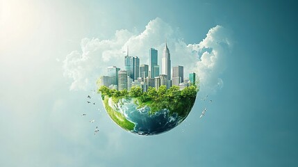 A sustainable planet with a clean, modern city powered by renewable energy sources. An environmental vision of alternative, eco-friendly energy for a greener future.
