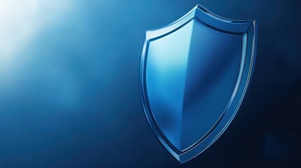 Blue shield on blue background, symbol of protection, safety, and security in digital age