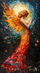 An angel in the night sky in a brightly colored mosaic