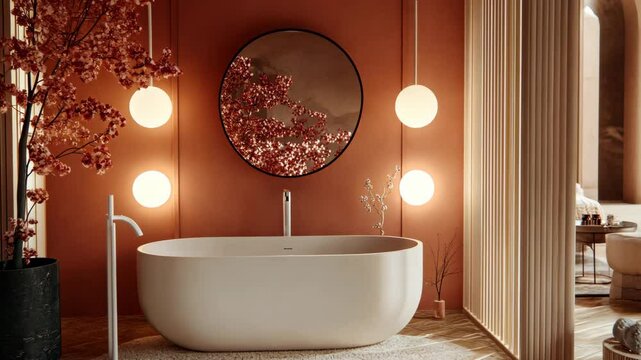 A freestanding bathtub sits in a modern bathroom with warm terracotta walls and a large round mirror reflecting a glimpse of nature