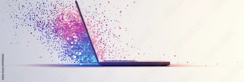Fototapete A laptop displays a mesmerizing transition with colorful pixel elements dispersing into the air, reflecting digital creativity. Generative AI