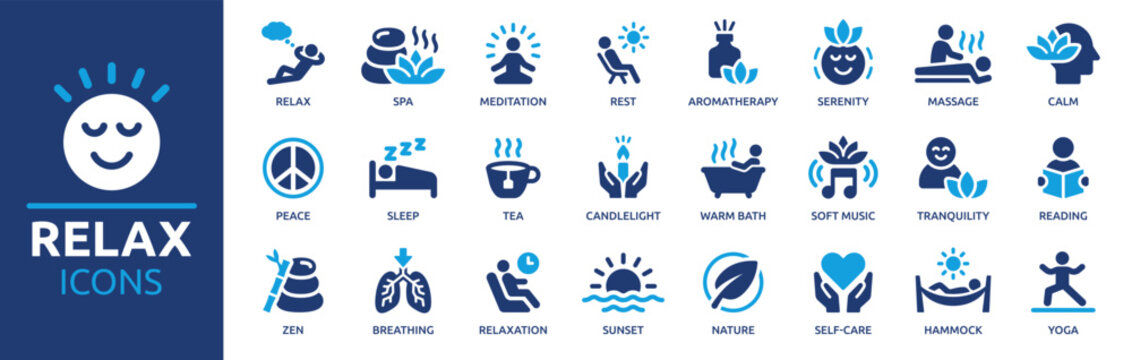Relax icon set. Containing meditation, calm, relaxation, yoga, spa, self-care, massage, peace, nature, serenity and more. Solid vector icons collection.