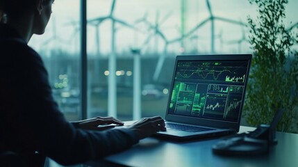 Technician Monitoring Wind Farm Turbine Efficiency on Laptop in Remote Control Room