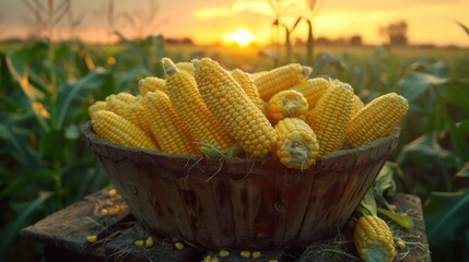 A basket full of freshly harvested corn ears sits in a field at sunset.