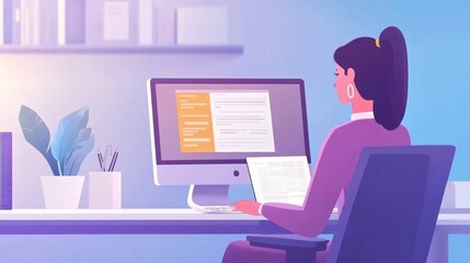 A woman working at a desk with a computer and tablet in a modern office setting.