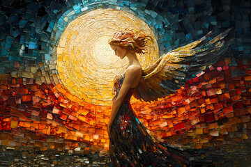 An angel in the night sky in a brightly colored mosaic