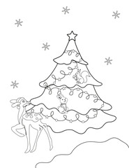 New Year coloring tree with a garland near it, a squirrel, a bunny and a fawn, vector drawing