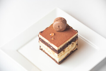 Plate with slice of tasty homemade chocolate cake on white background
