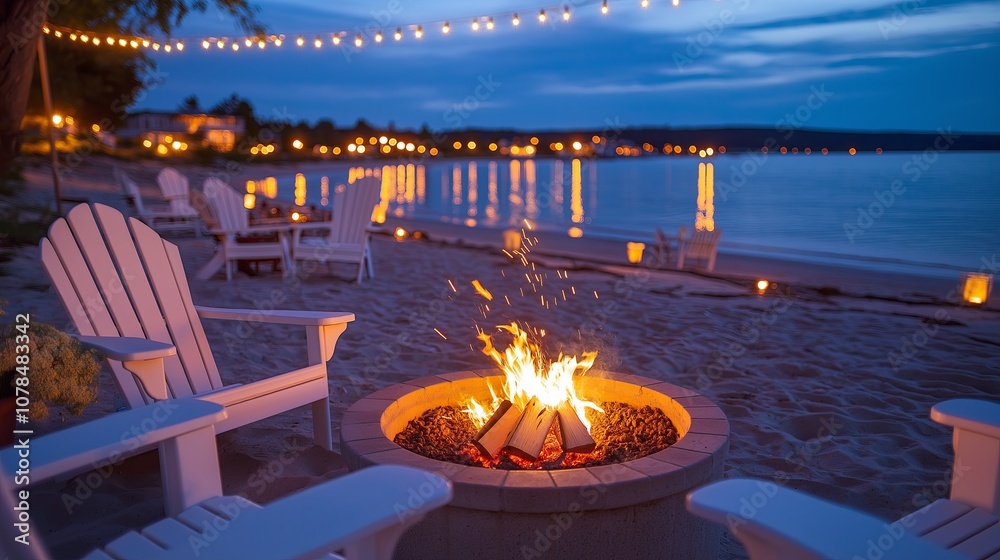 Poster beachside fire pit with adirondack chairs and string lights
