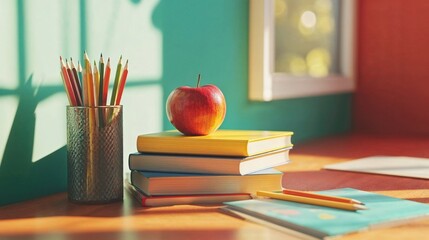 A stack of colorful books with a red apple on top sits on a wooden desk beside a pencil holder filled with colored pencils, illuminated by warm sunlight from a nearby window