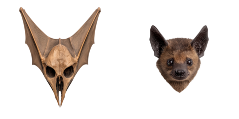 Two bat skulls, one with distinct horn-like features and the other a realistic depiction of a bat's face.