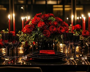 Obraz premium restaurant table decorated with red roses nd candles Elegant dinner table with red roses and candles.
