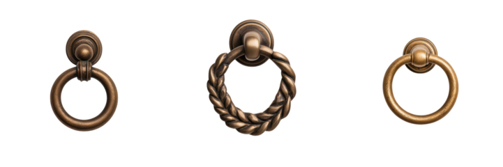 Three decorative door knockers featuring distinct designs: a simple ring, a braided style, and a classic round shape.